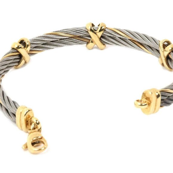 14k Gold Steel Double Cable Wire X Design Bracelet - Picture 4 of 5